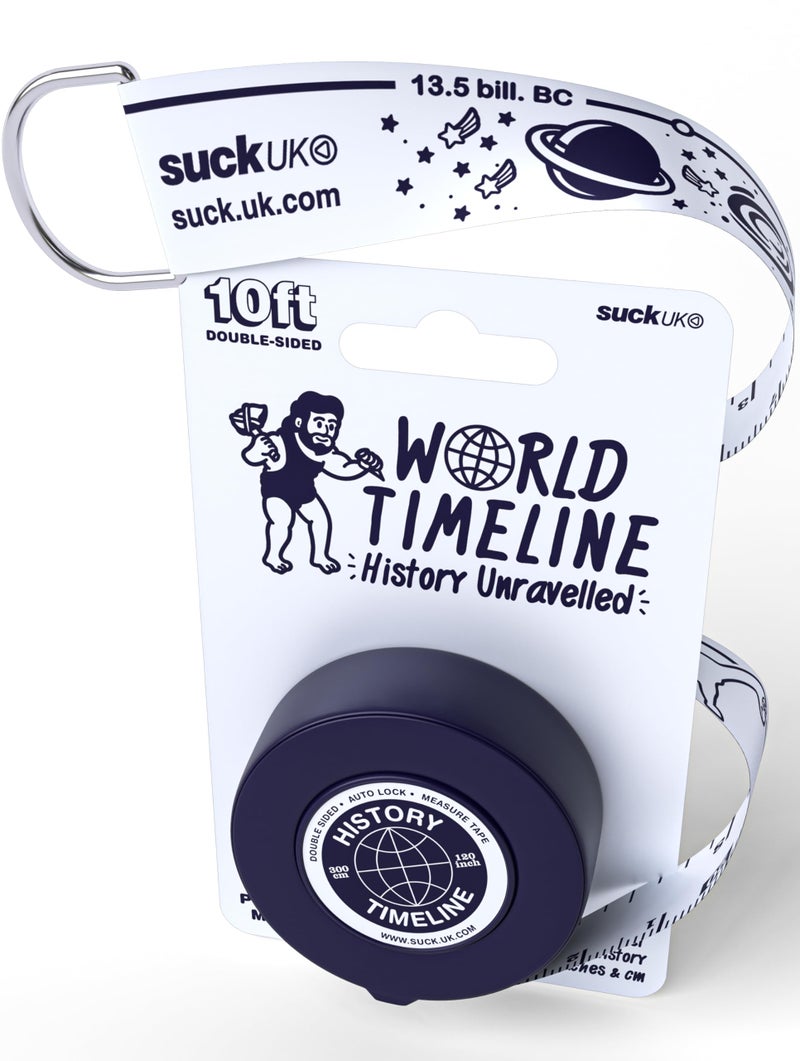 Suck UK متر قياس تاريخ العالم من Suck UK - هدايا لمعلمي التاريخ - متر قياس الجدول الزمني العالمي - أداة قياس مزدوجة الجوانب بطول 3م مع حقائق تاريخية - قفل تلقائي - هدايا للمؤرخين - أدوات DIY للأطفال - Image 1